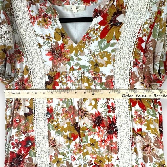 Entro Boho Floral Crochet Accents Dress Women's Size Medium Flowy Gauzy Lined - Picture 4 of 7